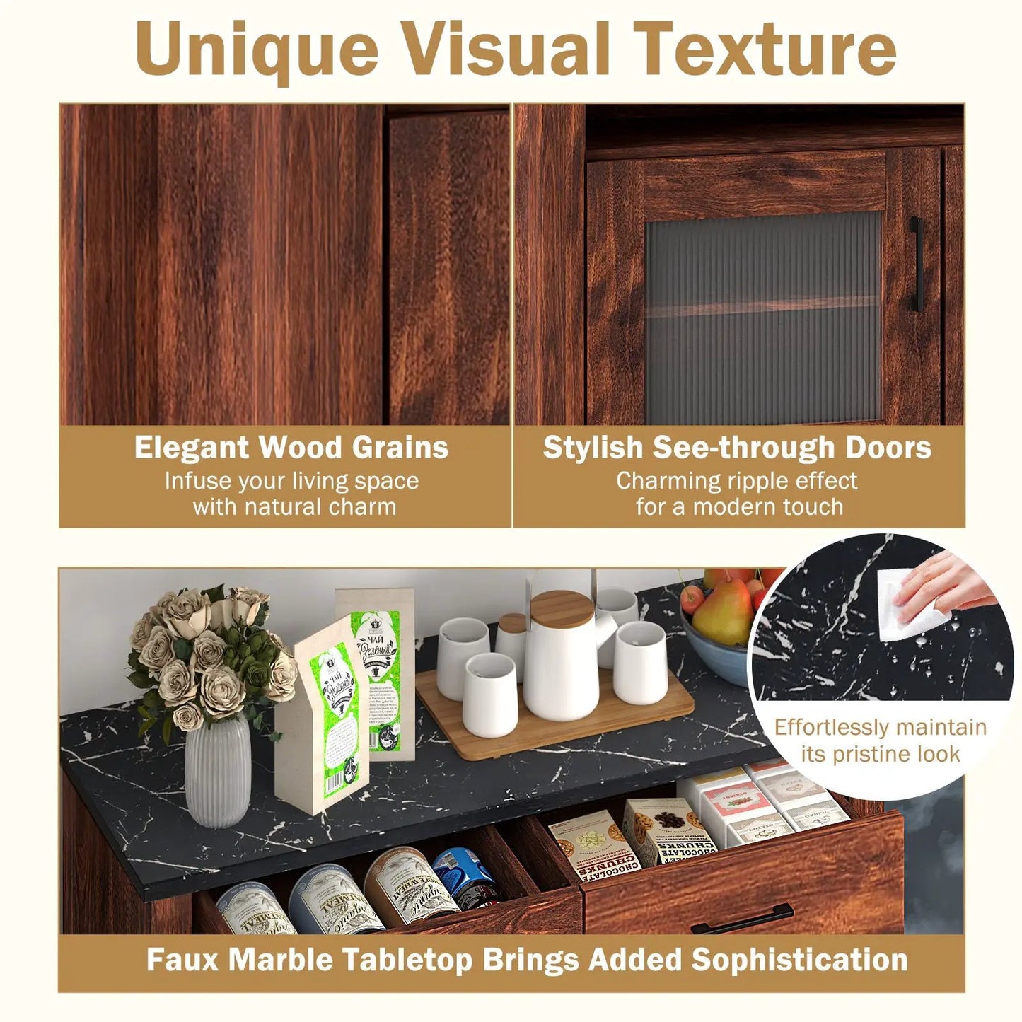 Coffee Bar Cabinet with Drawers and Open Shelf dark brown wood with ribbed glass DirectDeals on Tampa Home & Garden Store