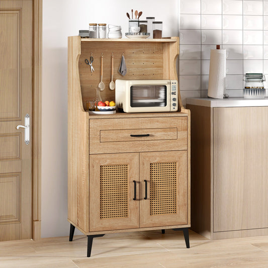 Mueble de barra de café con tablero perforado, cajón y estante ajustable - Roble