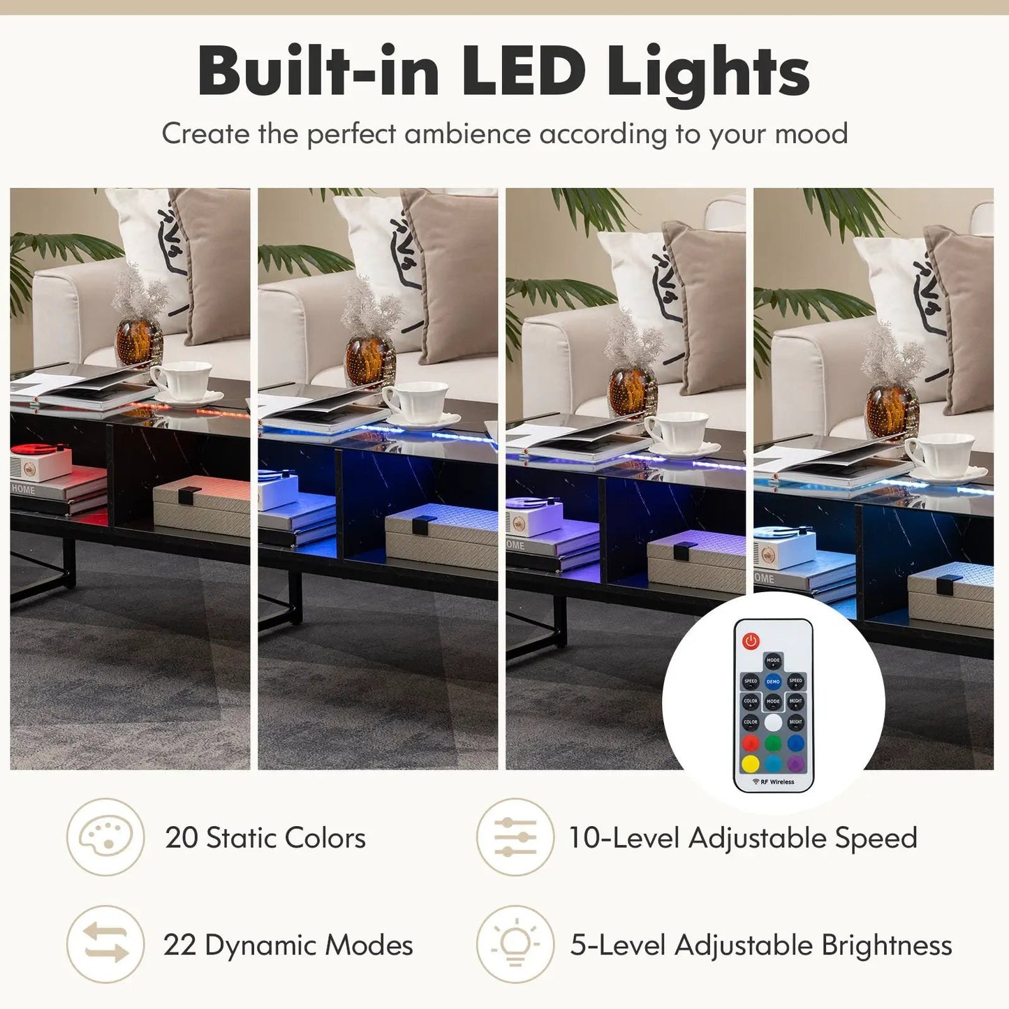 Center Table with faux marble and glass top LED by DirectDeals with remote on Tampa Home & Garden Store
