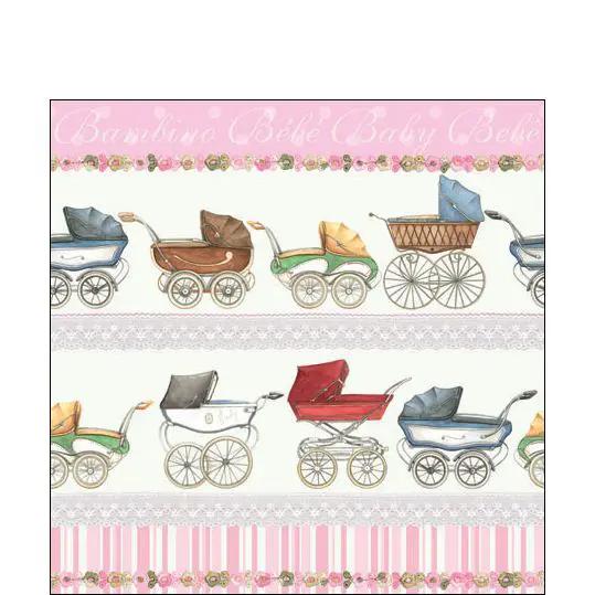 Bambino Rose paper cocktail napkins with pastel baby carriage print by Country Christmas Loft on Tampa Home & Garden Store