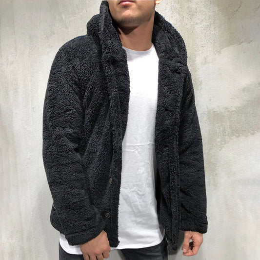 Stevvex black fluffy hooded winter jacket with plush texture, button closure outdoor coat on Tampa Home & Garden Store