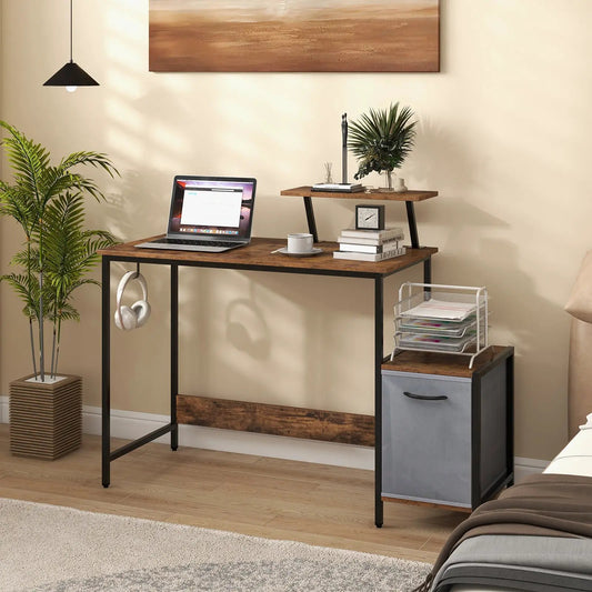 Computer Desk Movable Shelf and Reversible Drawer, brown wood top, black metal frame on Tampa Home & Garden Store
