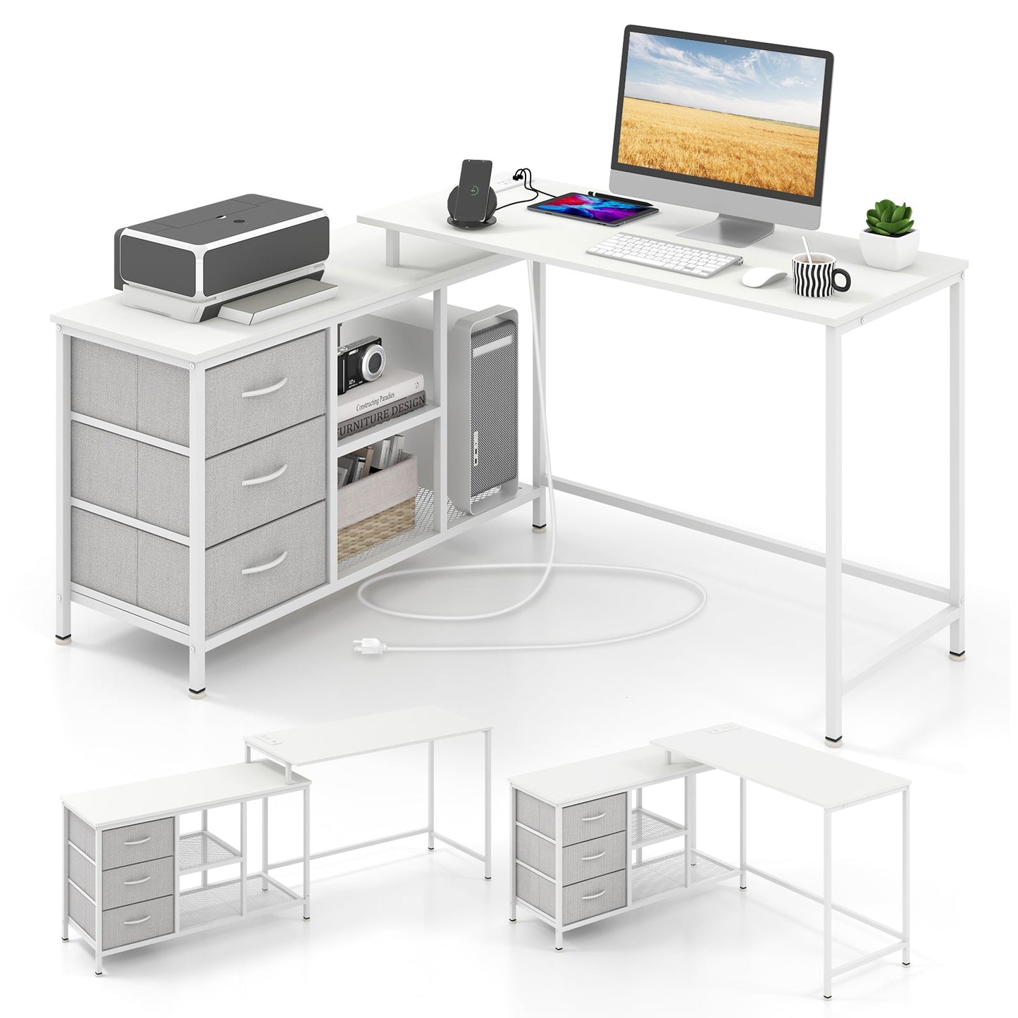 L-shaped Computer Desk with Power Outlet for Working Studying Gaming-Black
