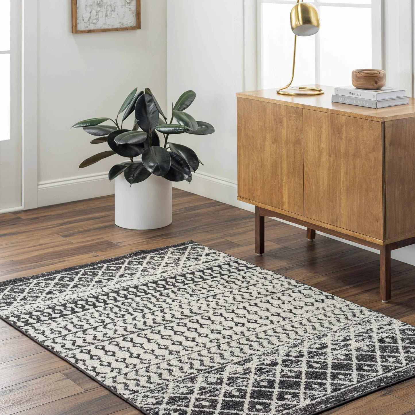 Constantin Area Rug, black and white boho geometric pattern by Boutique Rugs on Tampa Home & Garden Store