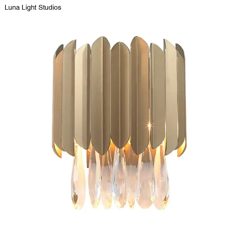 Brass crystal wall lamp with vertical brass panels and teardrop crystals fits 5-9 inch on Tampa Home & Garden Store