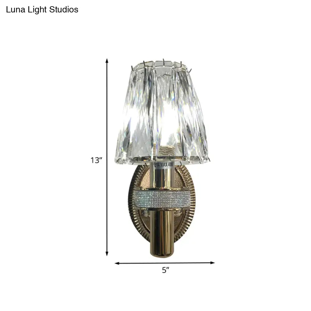 Bronze crystal wall sconce with crystal shade and round backplate, 13in tall by 5in wide on Tampa Home & Garden Store