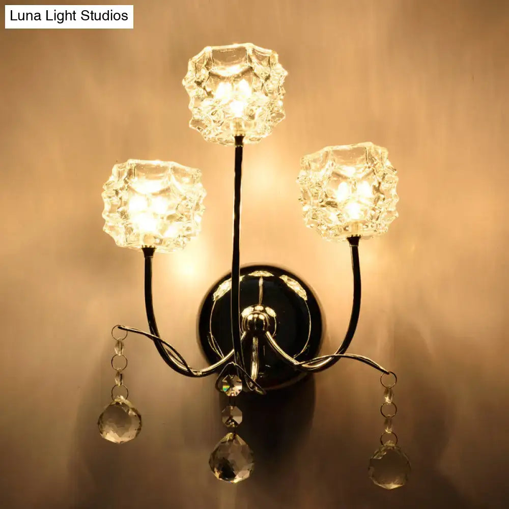 Decorbites chrome crystal 3-head wall sconce with glass crystal shades and hanging prisms on Tampa Home & Garden Store