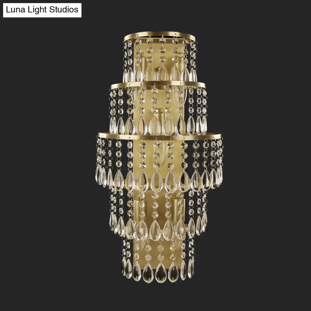 Gold layered crystal lamp chandelier with dangling teardrop prisms in gold finish on Tampa Home & Garden Store