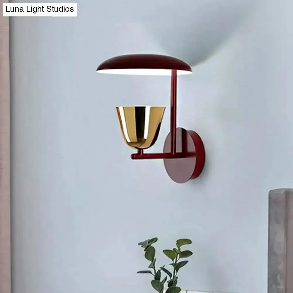 Contemporary red & gold wall sconce with red metal arm and gold cup shade by Decorbites on Tampa Home & Garden Store