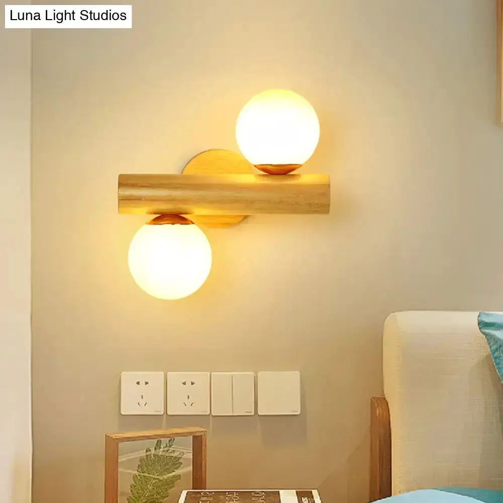 Contemporary Milk Glass Wall Lamp With Wood Base
