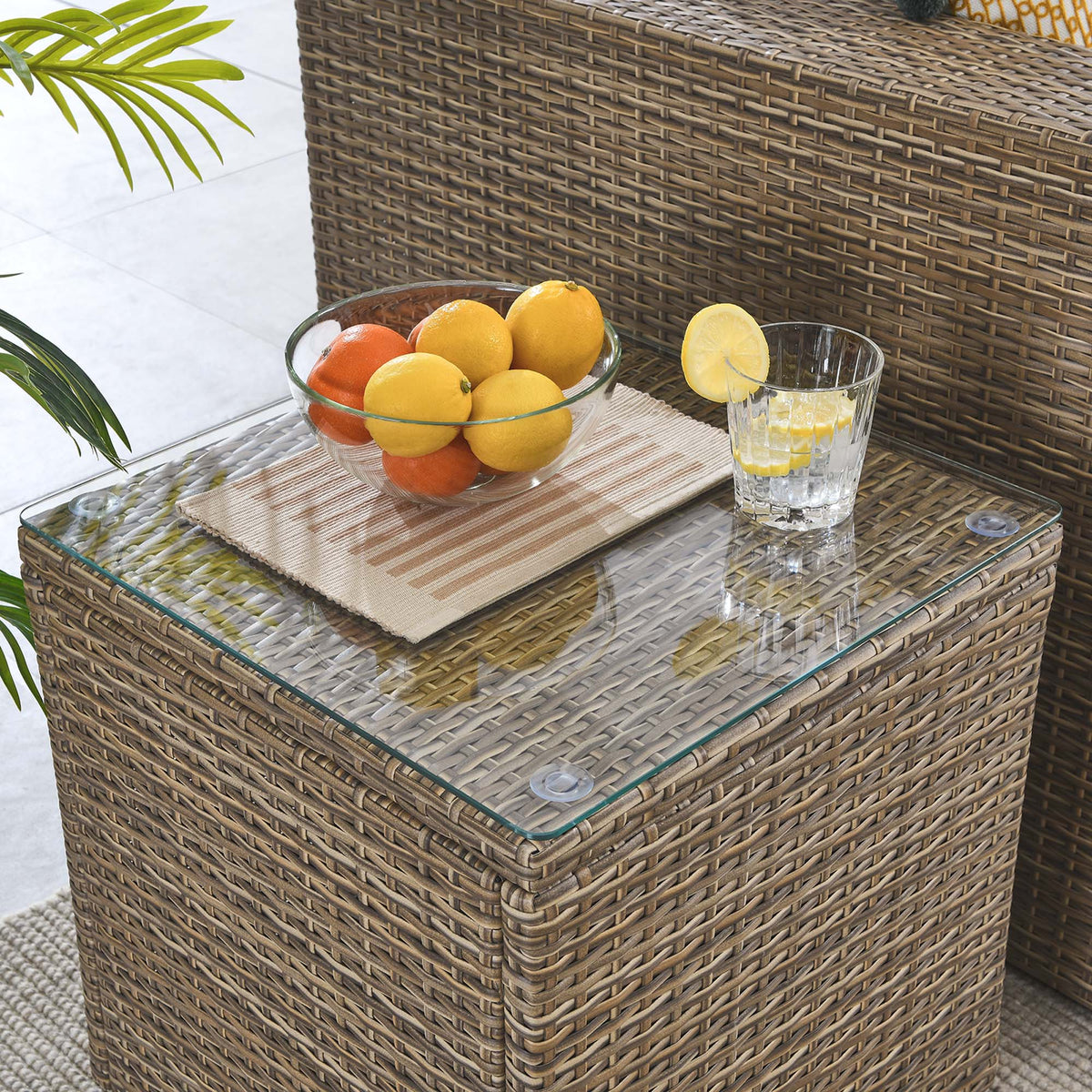 Convene Outdoor Patio Side Table by Modway, brown wicker with glass top, fruit bowl on Tampa Home & Garden Store