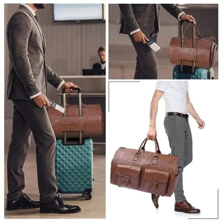 Convertible foldable brown duffel bag with front pockets and top handles, shown with a teal suitcase on Tampa Home & Garden Store