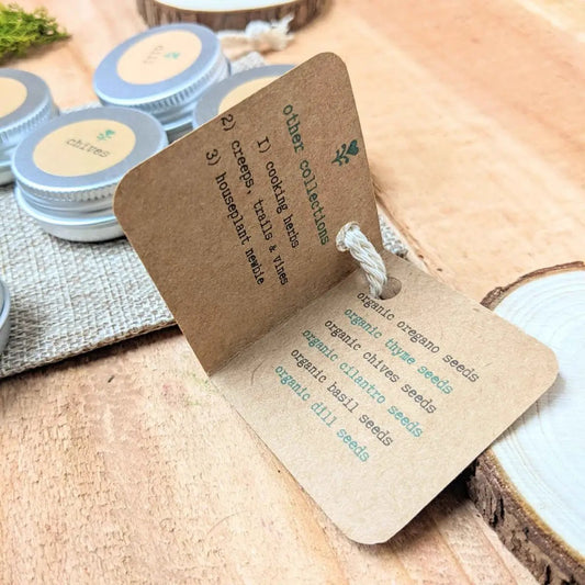 Cooking Herbs Seed Collection for Home Cooks in a set of blue-lid seed tins with a twine tag on Tampa Home & Garden Store