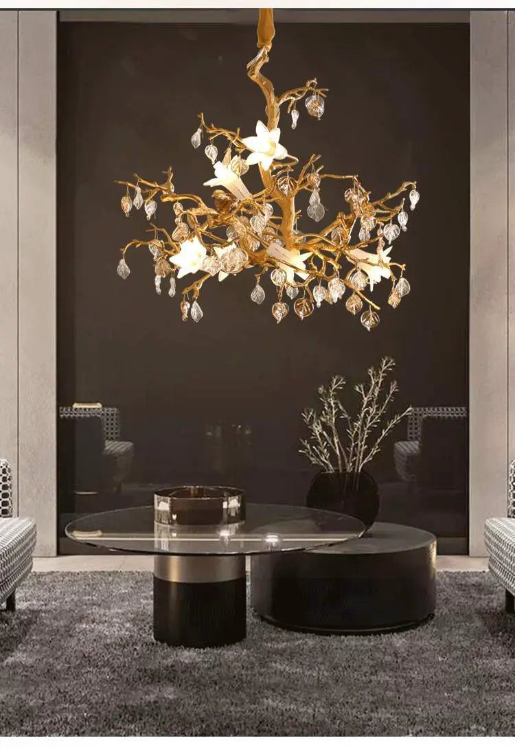 Decorbites Copper Branch Brass Crystal Chandelier with gold branches and crystal teardrops on Tampa Home & Garden Store