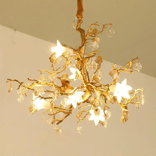 Copper Branch Brass Crystal Chandelier with gold branches and crystal droplets by Decorbites on Tampa Home & Garden Store