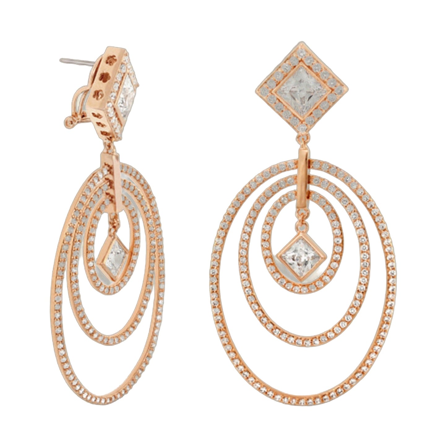 Pair of Orbital earrings by Lauren G Adams, rose gold with square pave-diamond motif and ringed hoops on Tampa Home & Garden Store