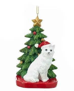 Cat with Christmas Tree Ornament White cat beside green tree with gold star on red base on Tampa Home & Garden Store