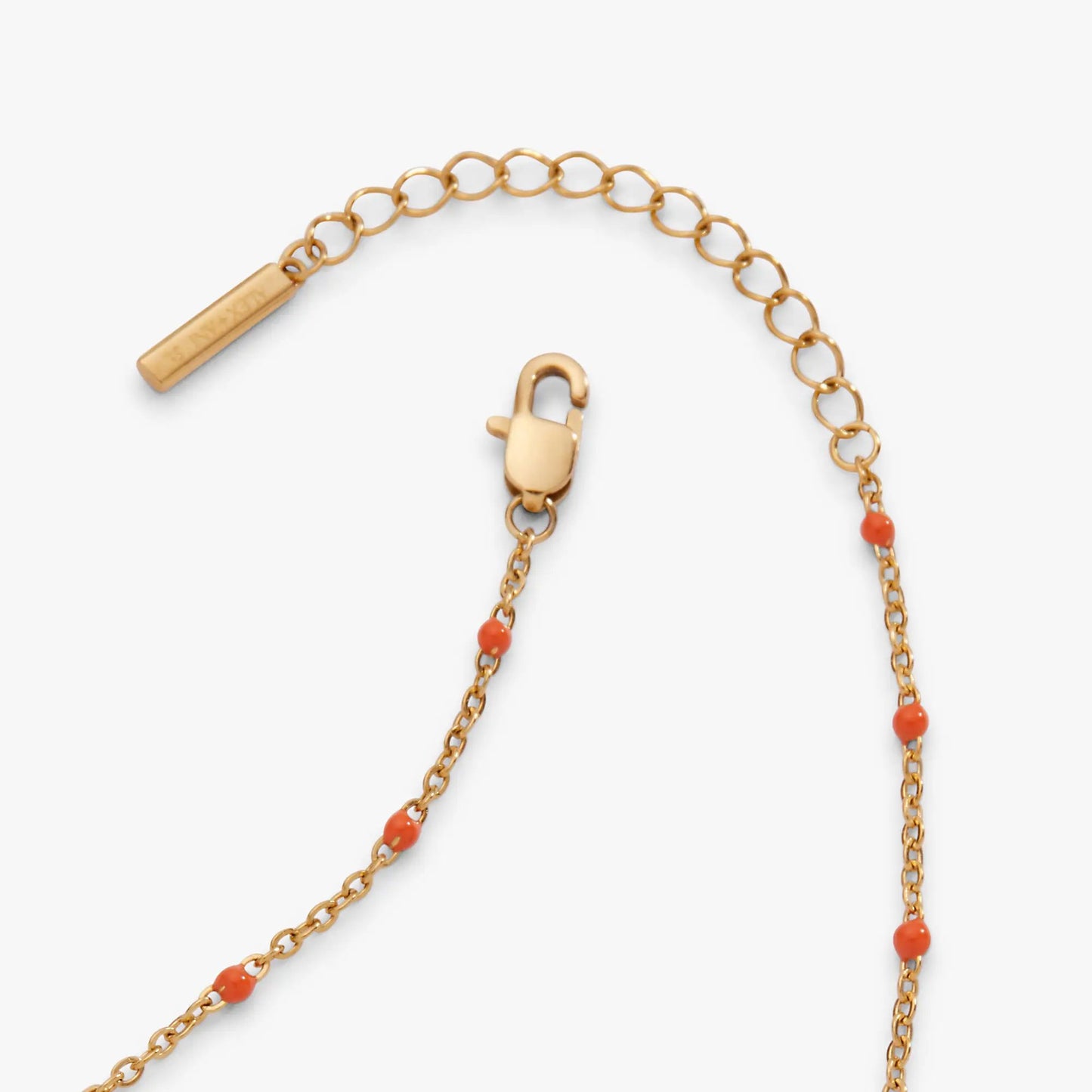Gold-tone coral enameled chain coin station anklet with coral beads and lock charm Alex and Ani on Tampa Home & Garden Store