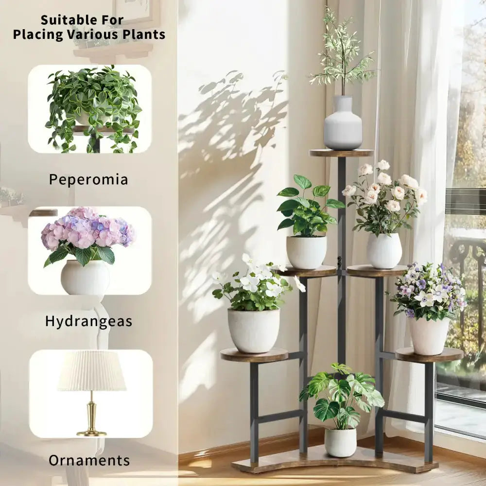 Black metal corner plant stand with wood shelves holds six potted plants in a bright room on Tampa Home & Garden Store