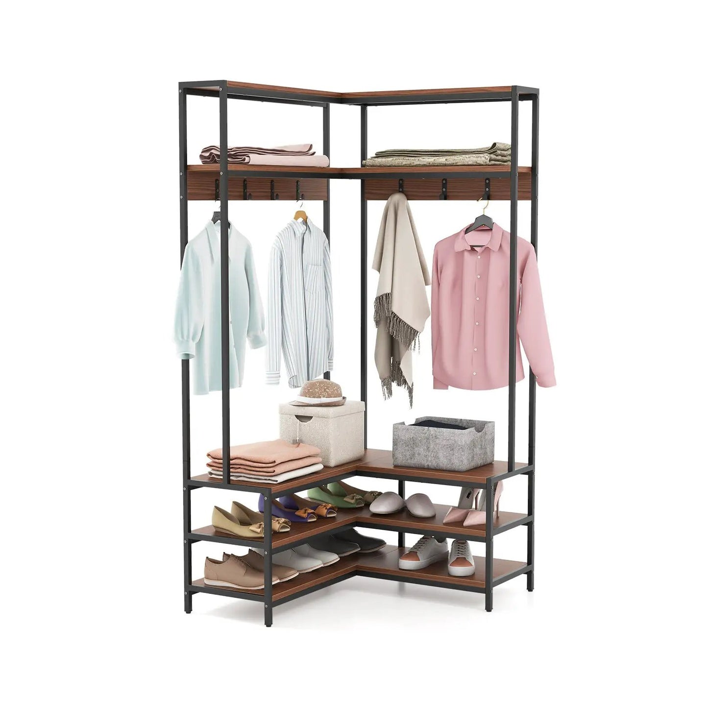 Corner Garment Rack with Open Shelves and 7 Hooks Shoe Bench-Rustic Brown - Tampa Home & Garden Store