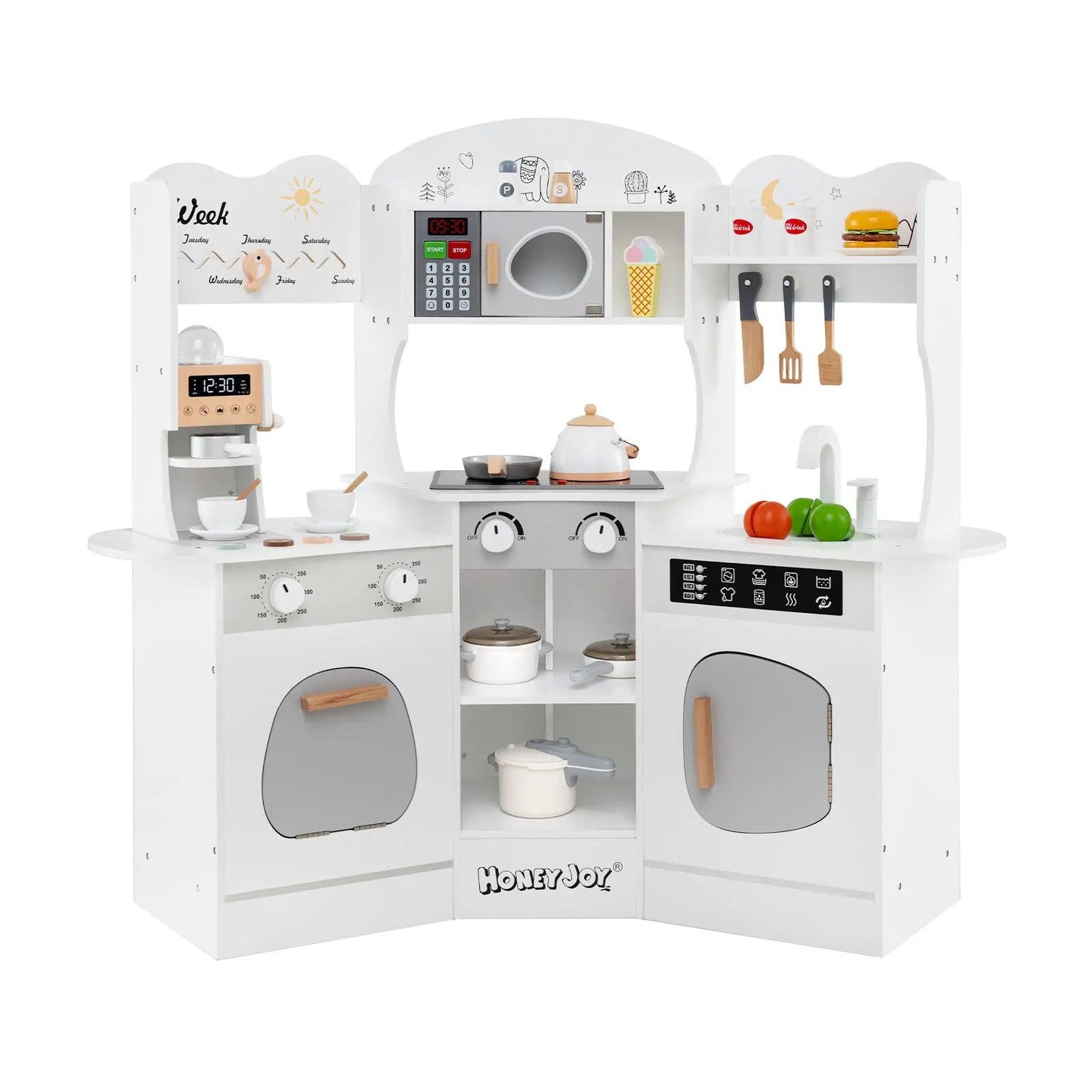 Corner wooden play kitchen with coffee machine, white finish, HoneyJoy brand on Tampa Home & Garden Store