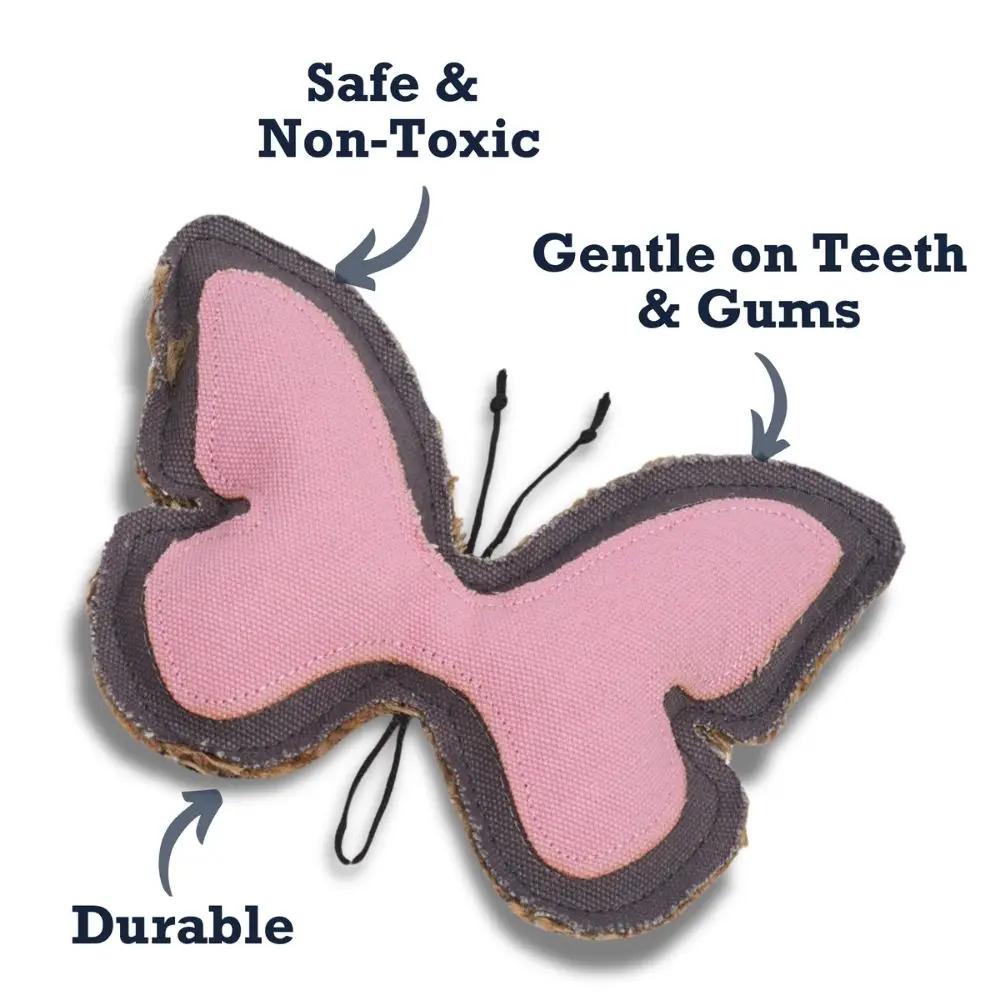 Butterfly Shaped Canvas and Jute Dog Chew Toy, pink with dark purple trim, durable on Tampa Home & Garden Store