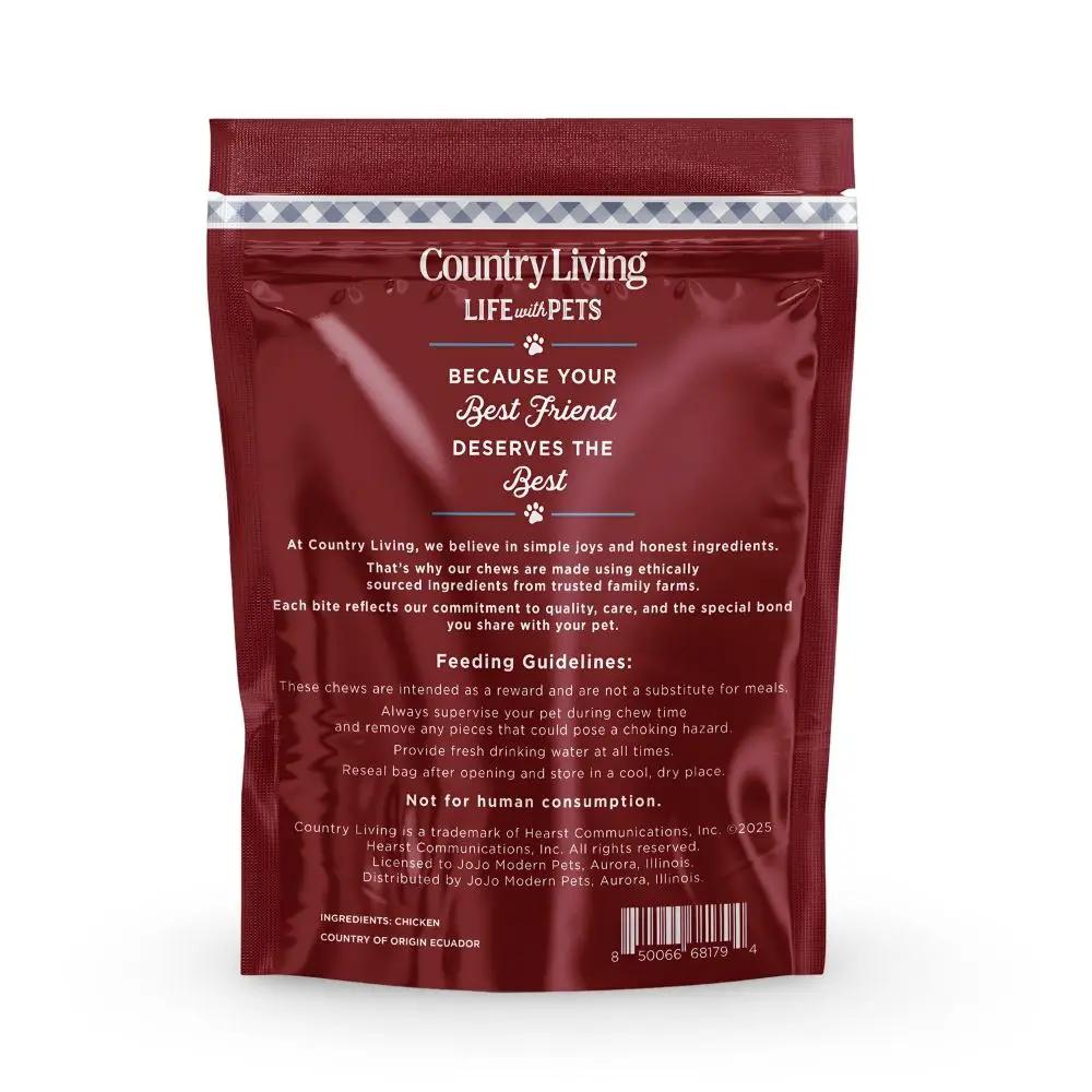 Country Living Beef Flavored Chicken Dog Treats bag; red resealable pouch on Tampa Home & Garden Store