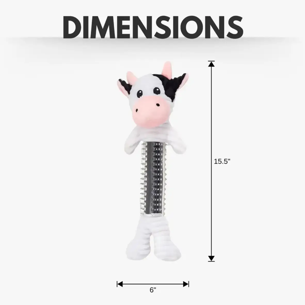 Cow print plush dog toy with squeaker and crinkle paper on a tall bristle tube 15.5 in tall on Tampa Home & Garden Store