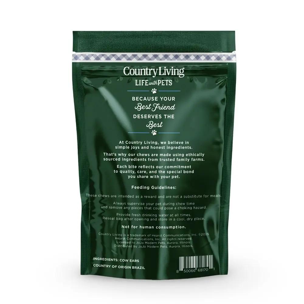 Country Living Natural Cow Ears Dog Chews bag in dark green resealable pouch with white branding on Tampa Home & Garden Store