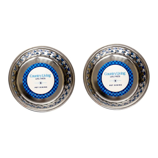 Set of 2 hammered stainless steel dog bowls with blue Country Living label on Tampa Home & Garden Store