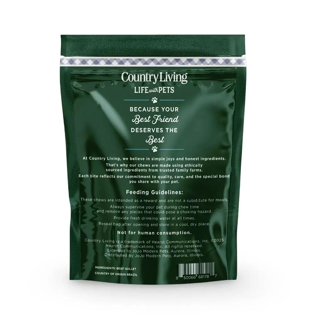 Country Living Beef Esophagus Dog Treats 20 Count green bag dog chews on Tampa Home & Garden Store