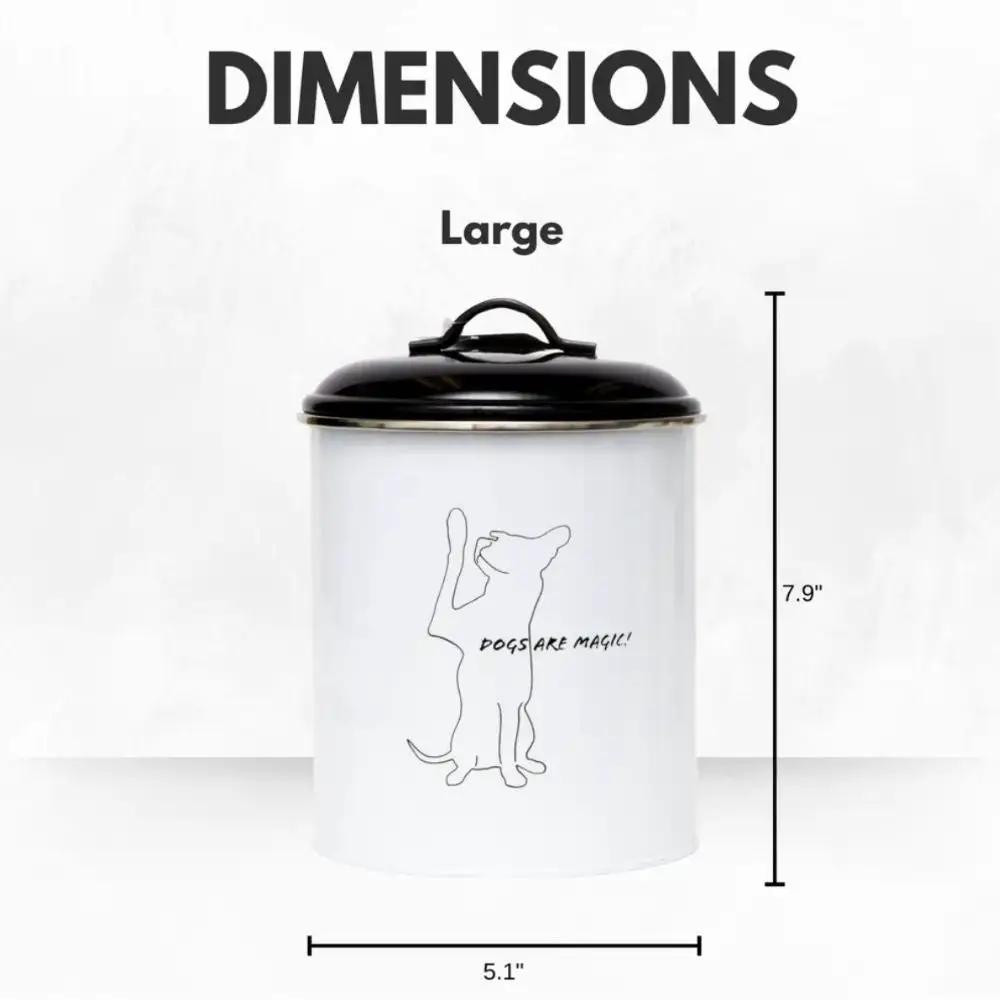 Pet treat canister white with black lid, dog illustration on front, black white set on Tampa Home & Garden Store