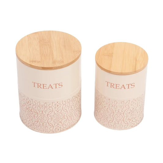 Country Living Dog Treat Jars Set of 2 with bamboo lids and TREATS label on pink ceramic bodies on Tampa Home & Garden Store