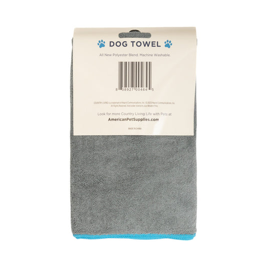 Country Living Large Gray Microfiber Dog Bath Towel with Teal Embroidered Paw Print - Tampa Home & Garden Store