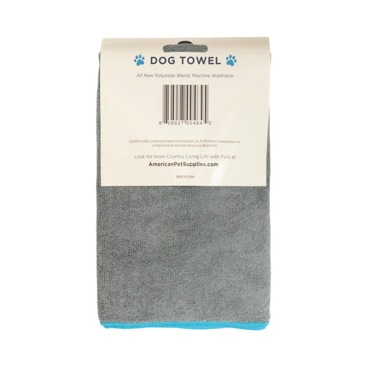 Large gray microfiber dog towel with teal paw print on Tampa Home & Garden Store.