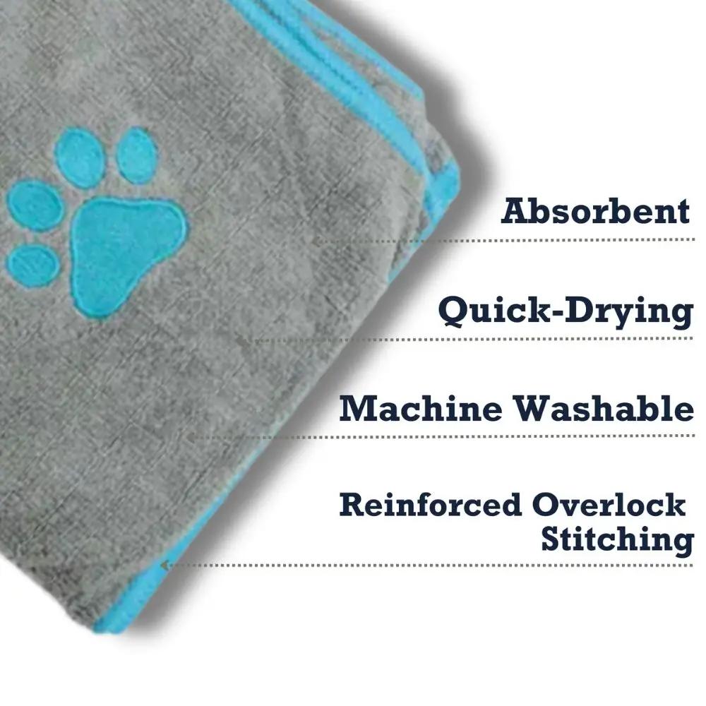 Large gray microfiber dog towel with teal paw print, teal trim, absorbent and machine washable on Tampa Home & Garden Store