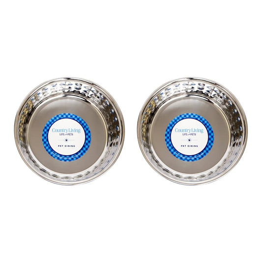 Set of 2 hammered rose quartz stainless dog bowls with Country Living label on Tampa Home & Garden Store