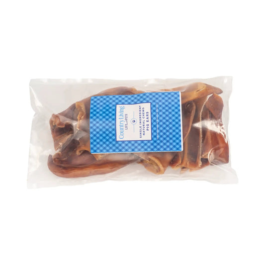 Whole pig ears dog treats natural pork in clear bag with blue checkered label on Tampa Home & Garden Store