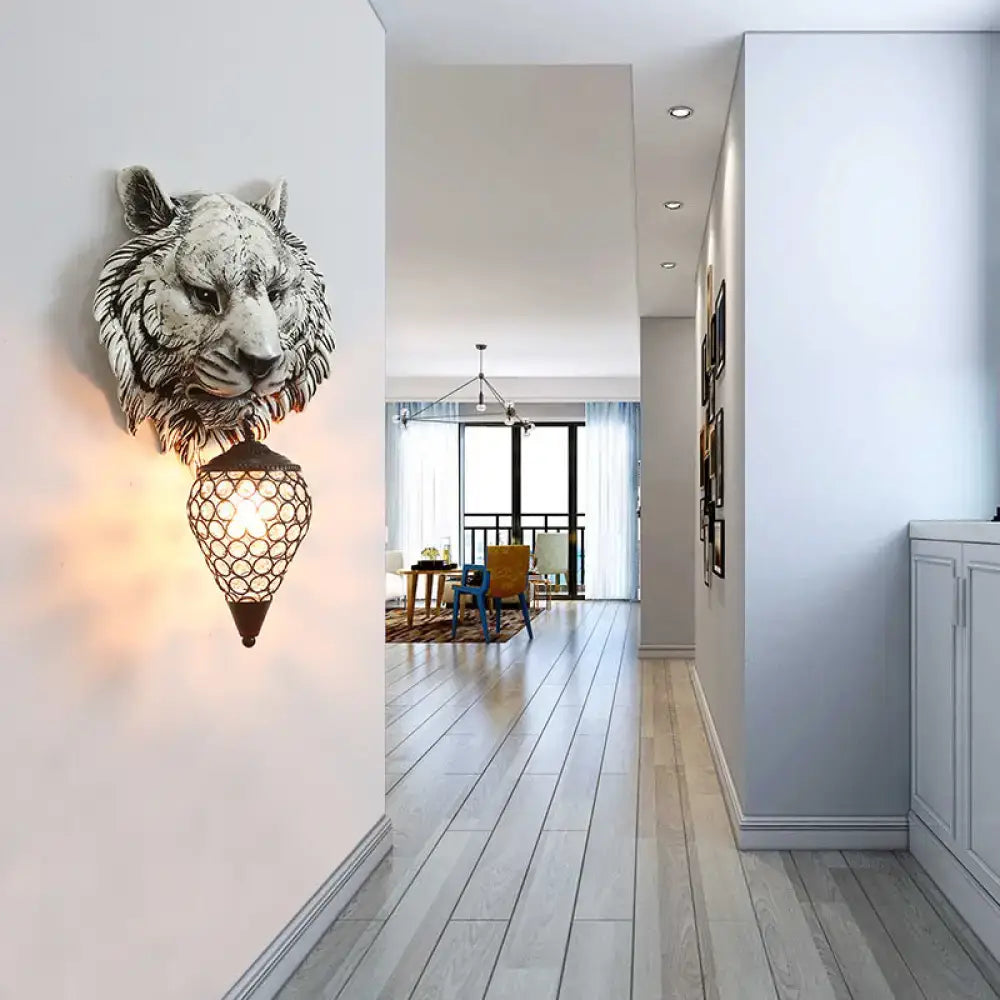 Tiger Crystal Wall Sconce grey wall mount with tiger head and lattice lantern on Tampa Home & Garden Store