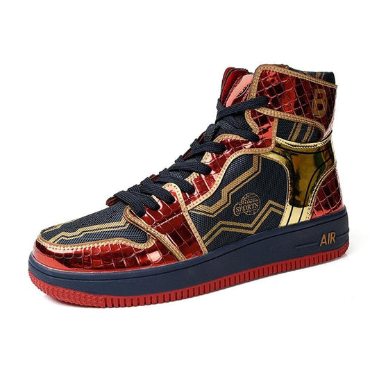 Stevvex men's high-top sneakers in red metallic snakeskin with gold trim and navy sole on Tampa Home & Garden Store