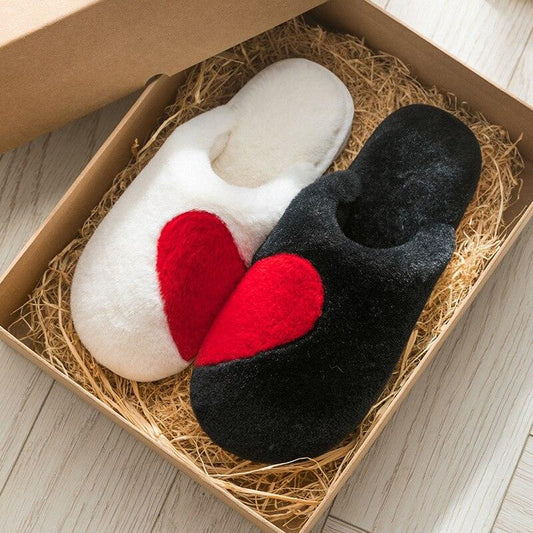 Slippers Stevvex couple fuzzy indoor white and black with red hearts 2 slippers on Tampa Home & Garden Store