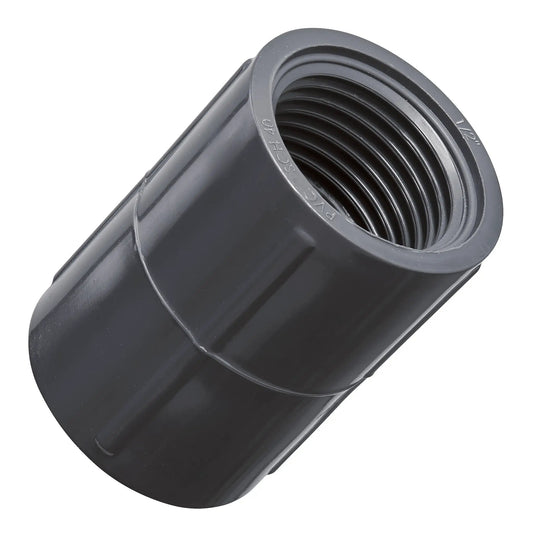 Half Inch FPT PVC Coupling for Risers dark gray plastic by Orbit Irrigation pipe fitting on Tampa Home & Garden Store