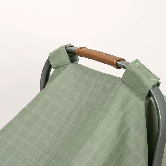 Muslin Car Seat Cover sage green grid pattern Organic Cotton Mart with brown leather handle on Tampa Home & Garden Store
