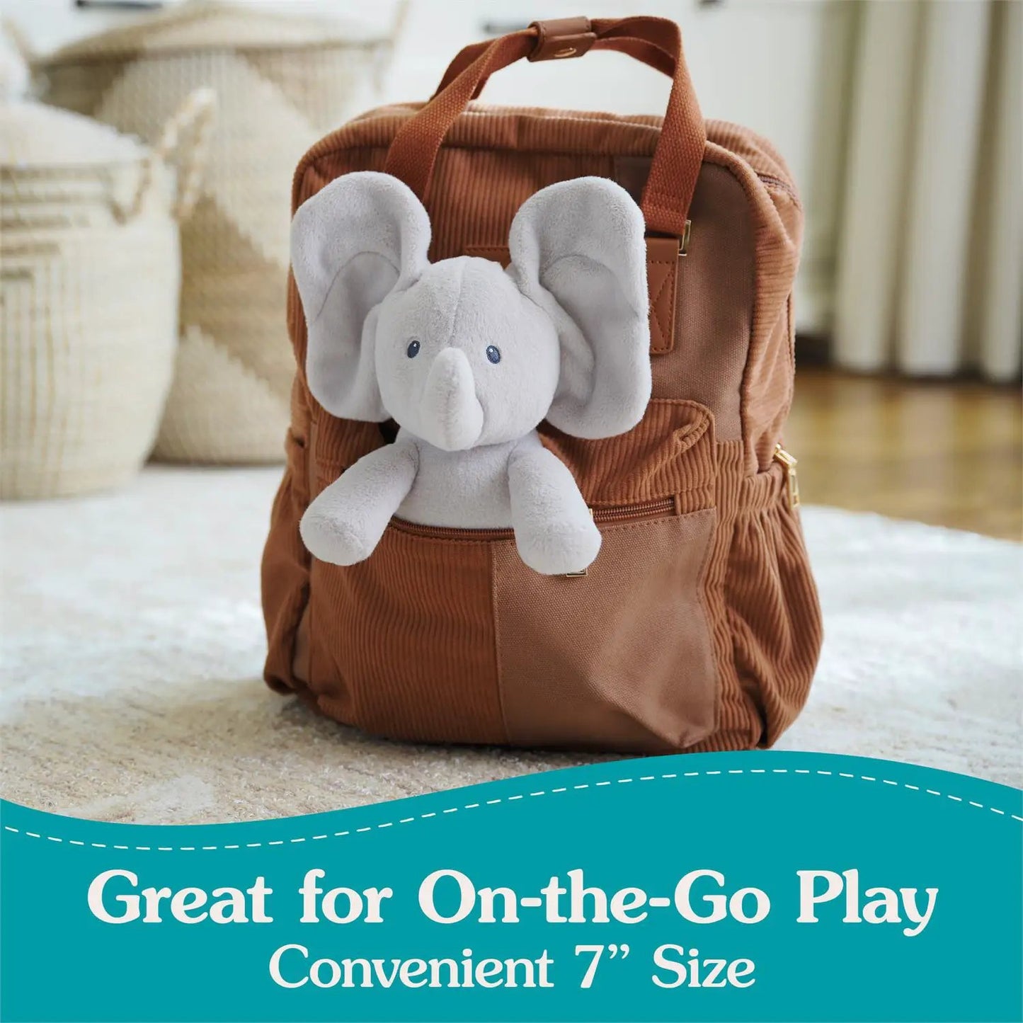Peek-a-Boo Flappy the Elephant Plush, gray elephant on corduroy backpack, Country Christmas Loft on Tampa Home & Garden Store