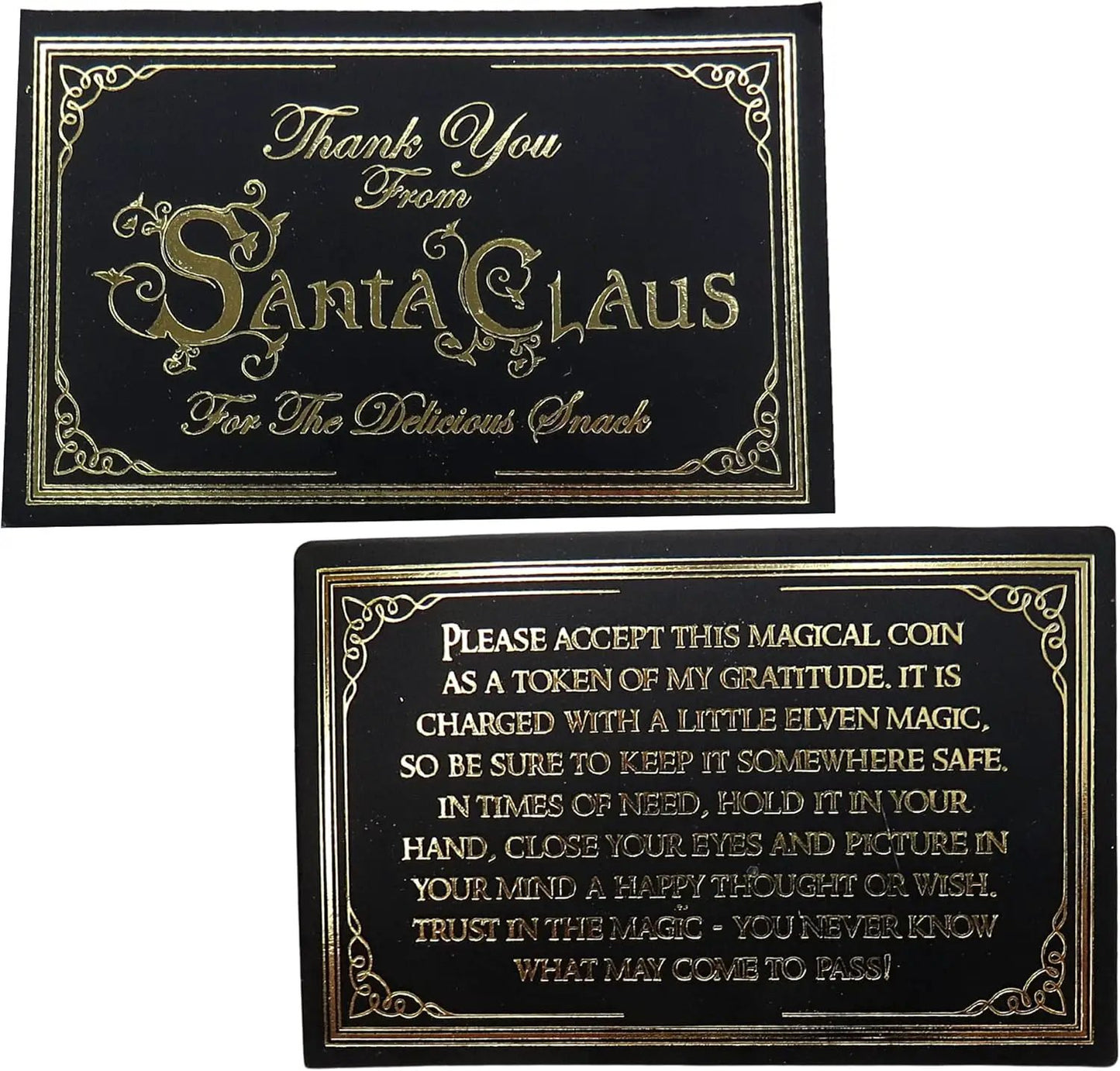 Santa's Magic Snack Coins with Velvet Pouch gift set, black cards with gold ornate script on Tampa Home & Garden Store