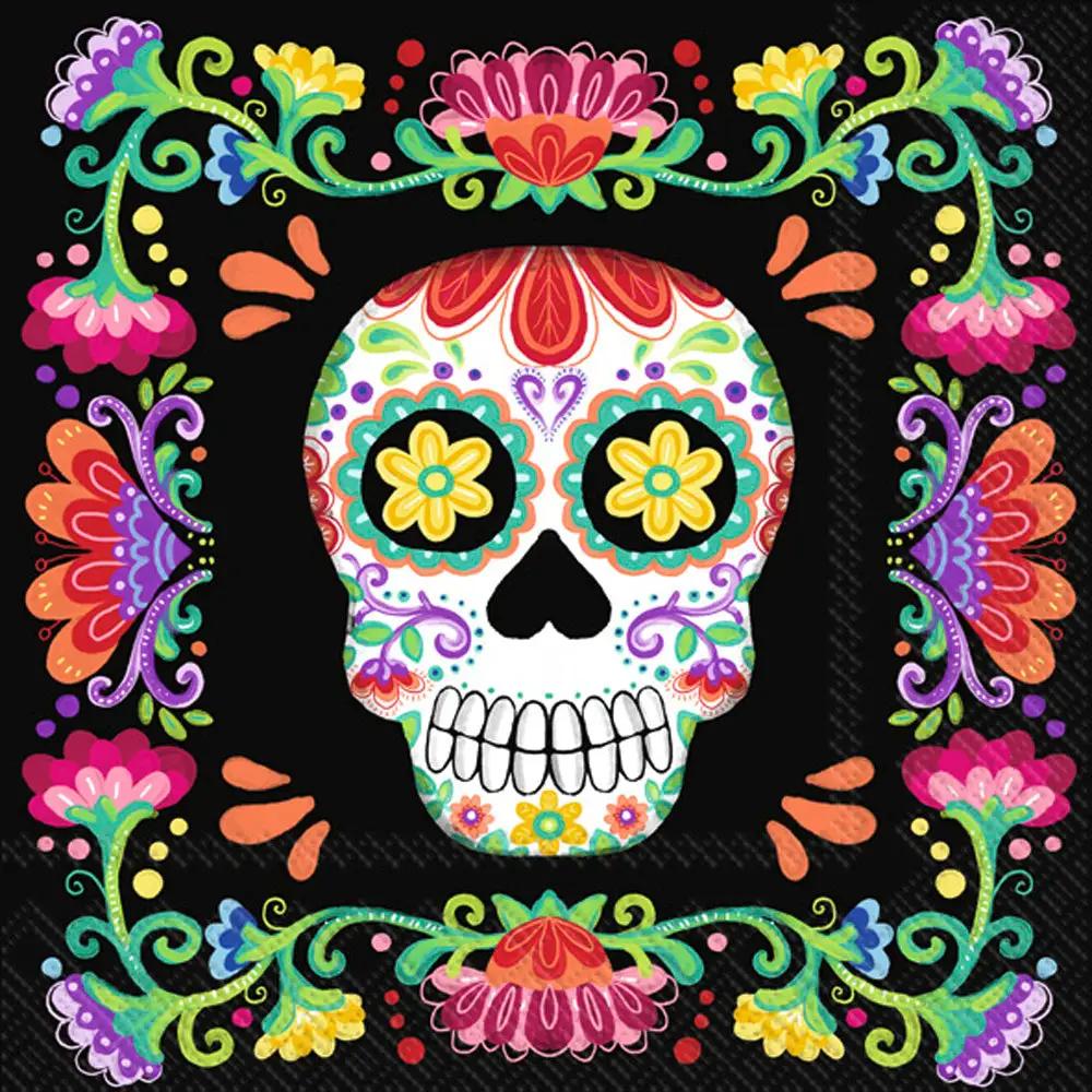 No Vida Cantina cocktail napkins pack 20 featuring colorful sugar skull with floral frame on Tampa Home & Garden Store