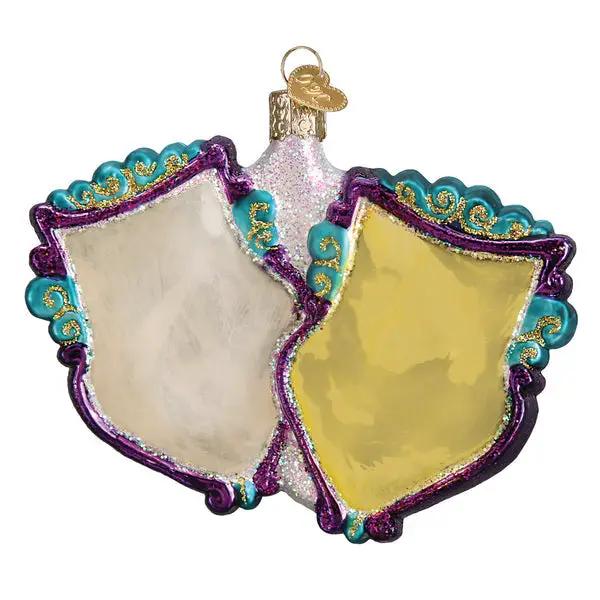 Comedy and Tragedy Theater Masks Glass Ornament, two shield masks white/yellow with glitter borders on Tampa Home & Garden Store