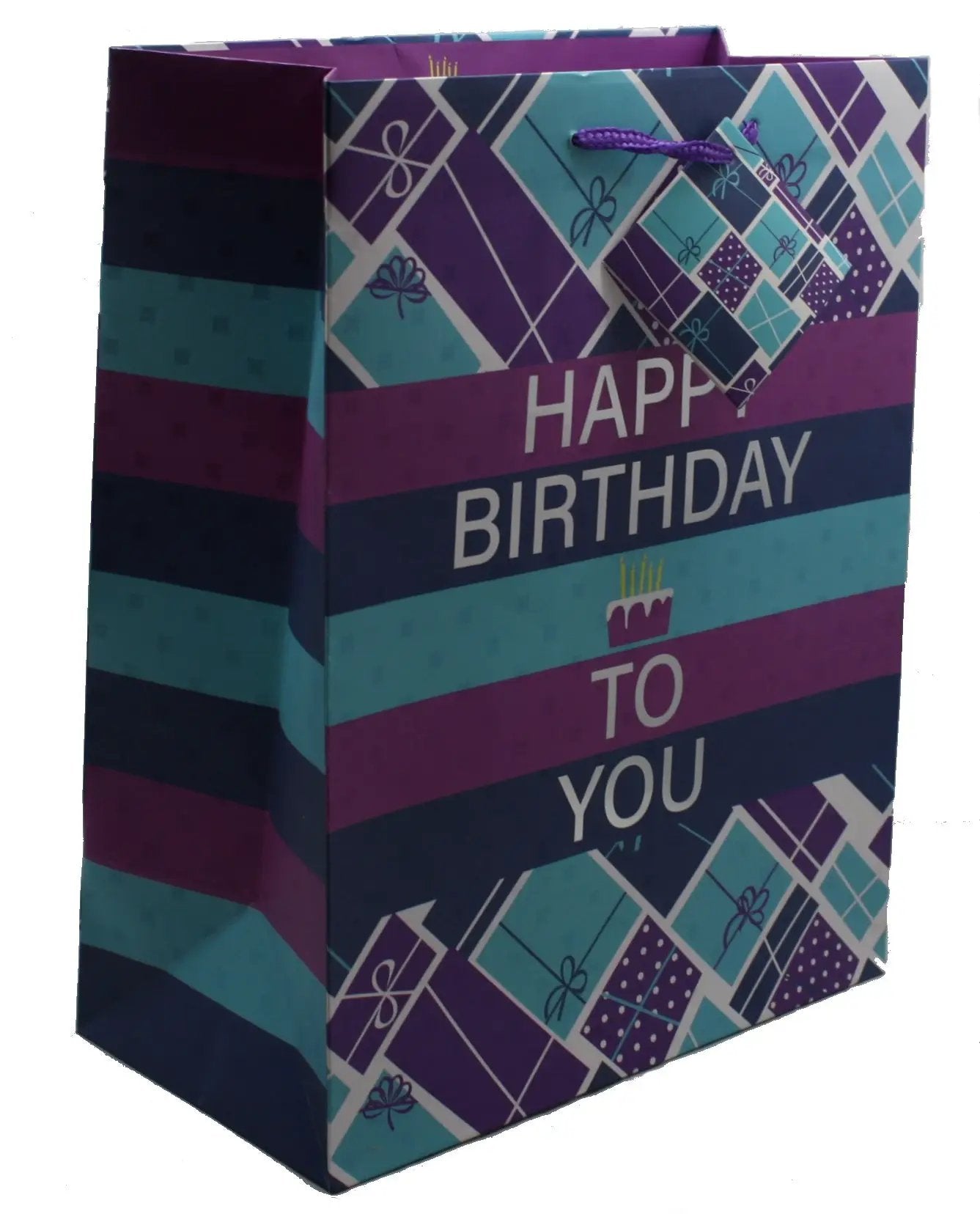 Birthday Gift Bag with blue and purple foil, teal stripes, The Country Christmas Loft on Tampa Home & Garden Store