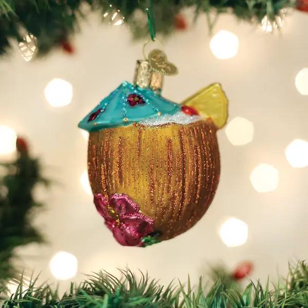 Tropical coconut drink ornament by The Country Christmas Loft; gold coconut with blue top on Tampa Home & Garden Store