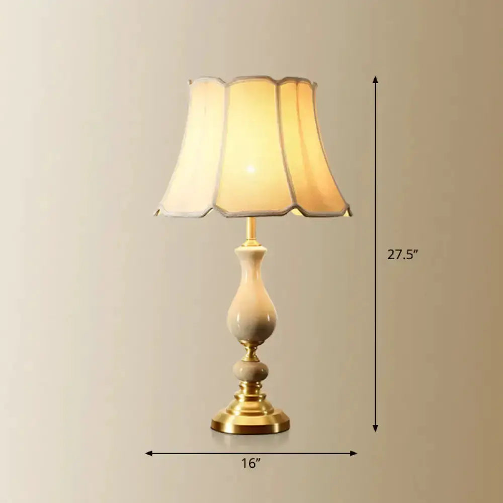 White Fabric Scalloped Bell Table Lamp Decorbites with brass base and shade on Tampa Home & Garden Store
